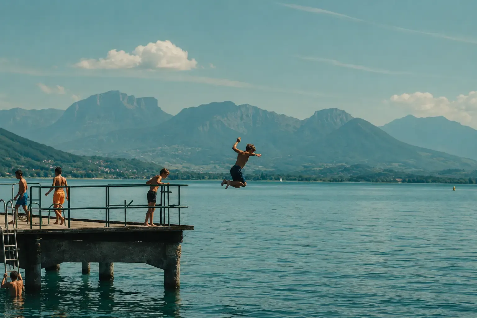 Young man jumping from a floating platform into a lake with mountains in the background