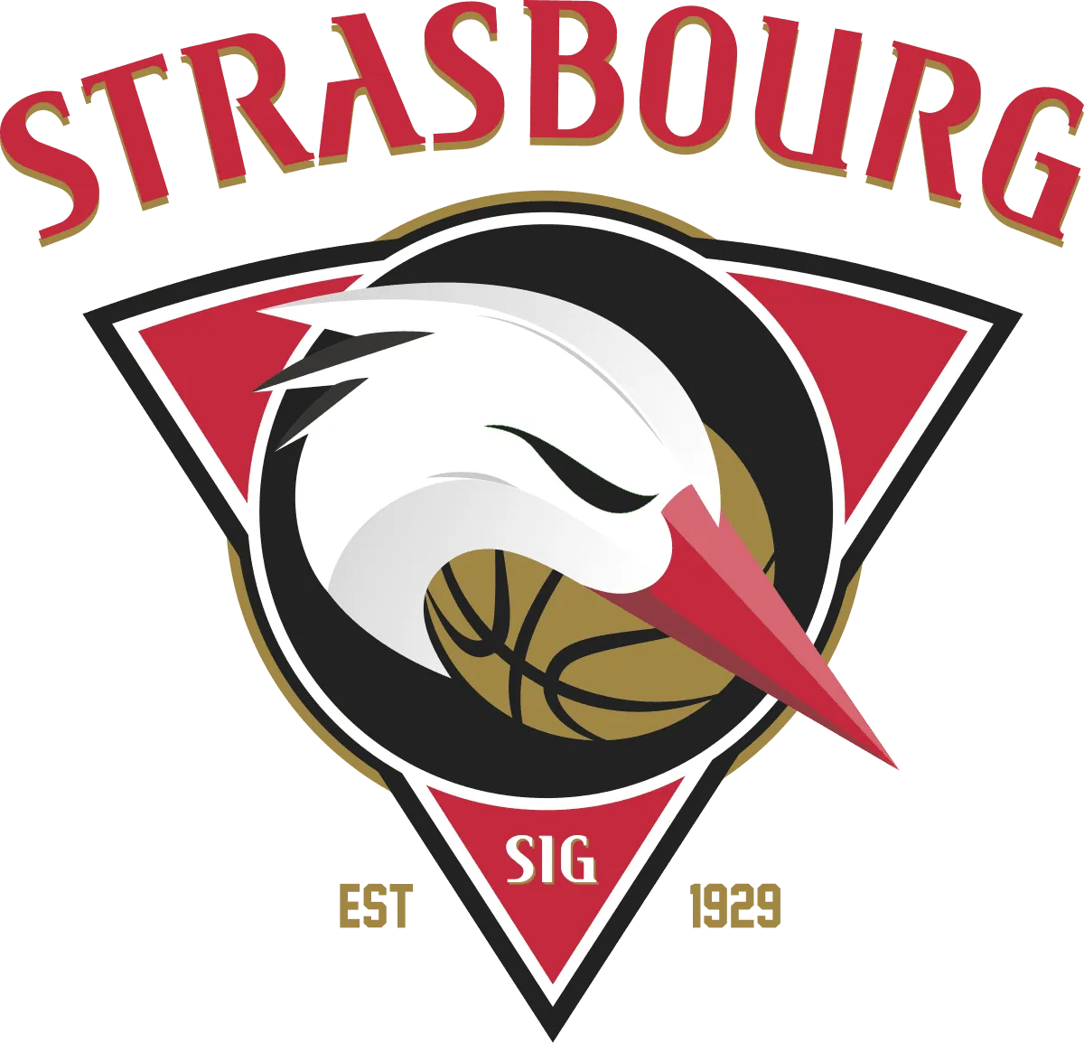 Logo du club de basket-ball Strasbourg SIG avec un stork tenant un ballon, entouré de l'inscription "Strasbourg" et "EST 1929"