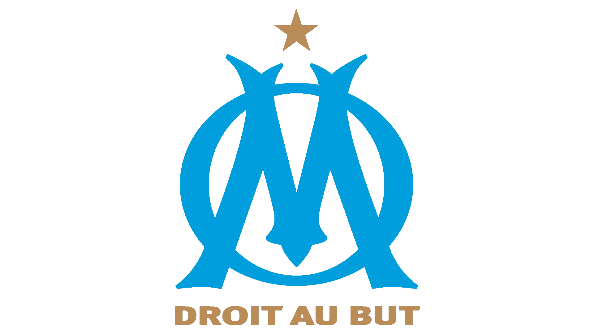 Logo bleu de l'OM sur fond vert avec une étoile orange au-dessus et l'inscription "DROIT AU BUT" en dessous