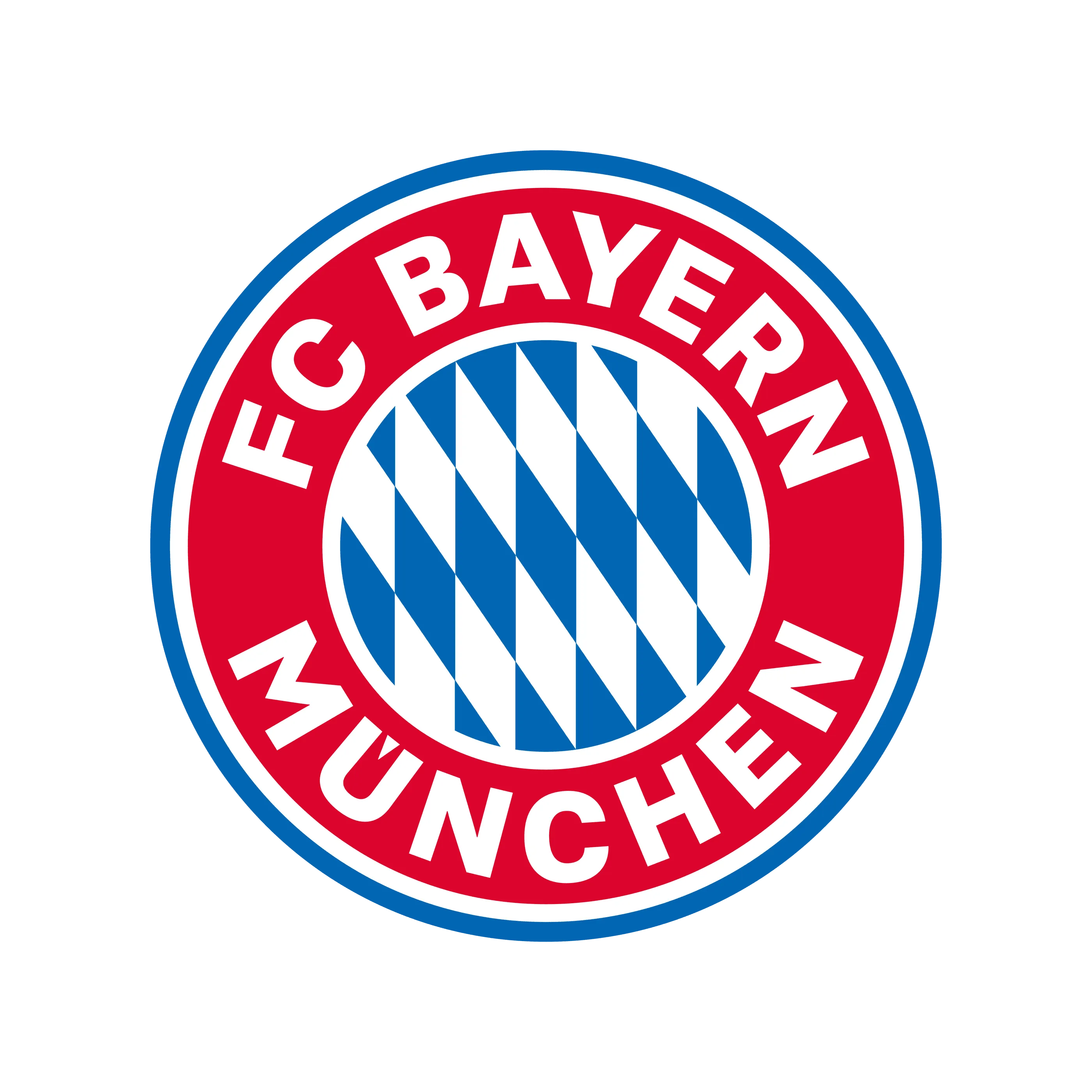 Logo circulaire de FC Bayern Munich avec des bandes bleues et blanches au centre et le texte "FC BAYERN MÜNCHEN" en rouge