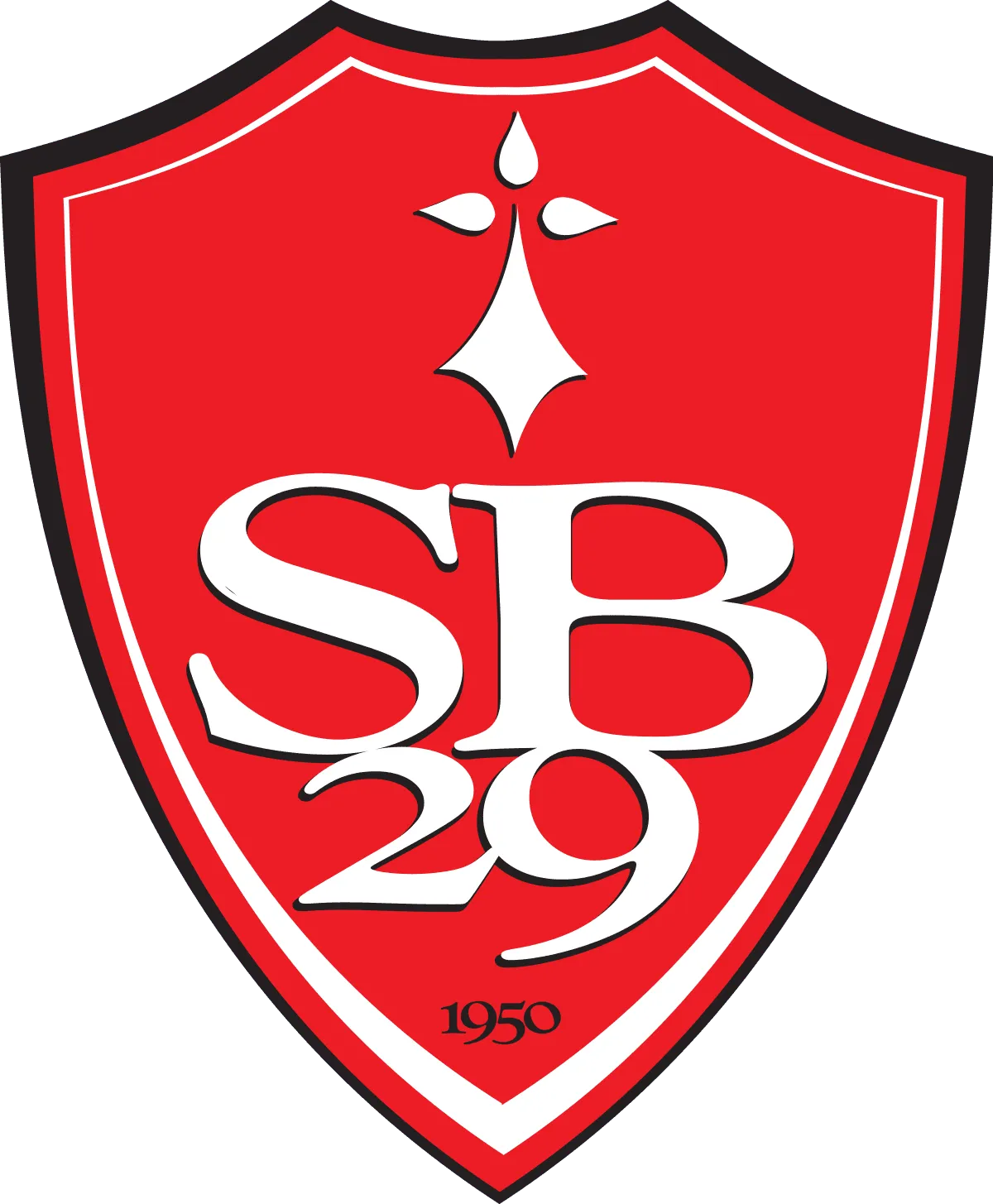 Écu rouge bordé de noir avec les lettres "SB" et le chiffre "29" en blanc, surmonté d'une feuille stylisée et le millésime "1950" en bas