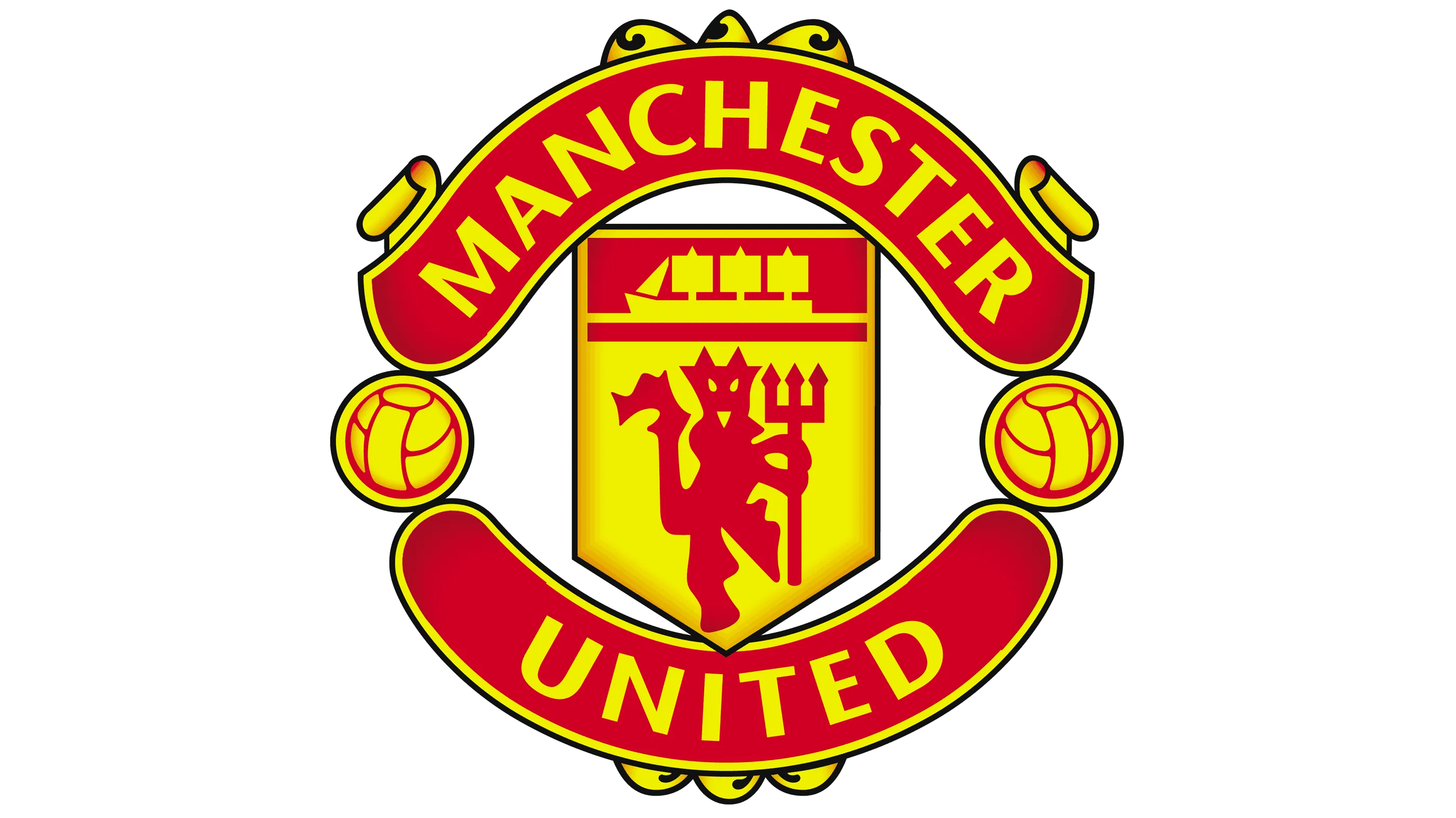 Logo de Manchester United avec un diable rouge sur un bouclier jaune, entouré d'un ruban rouge et or portant le nom du club