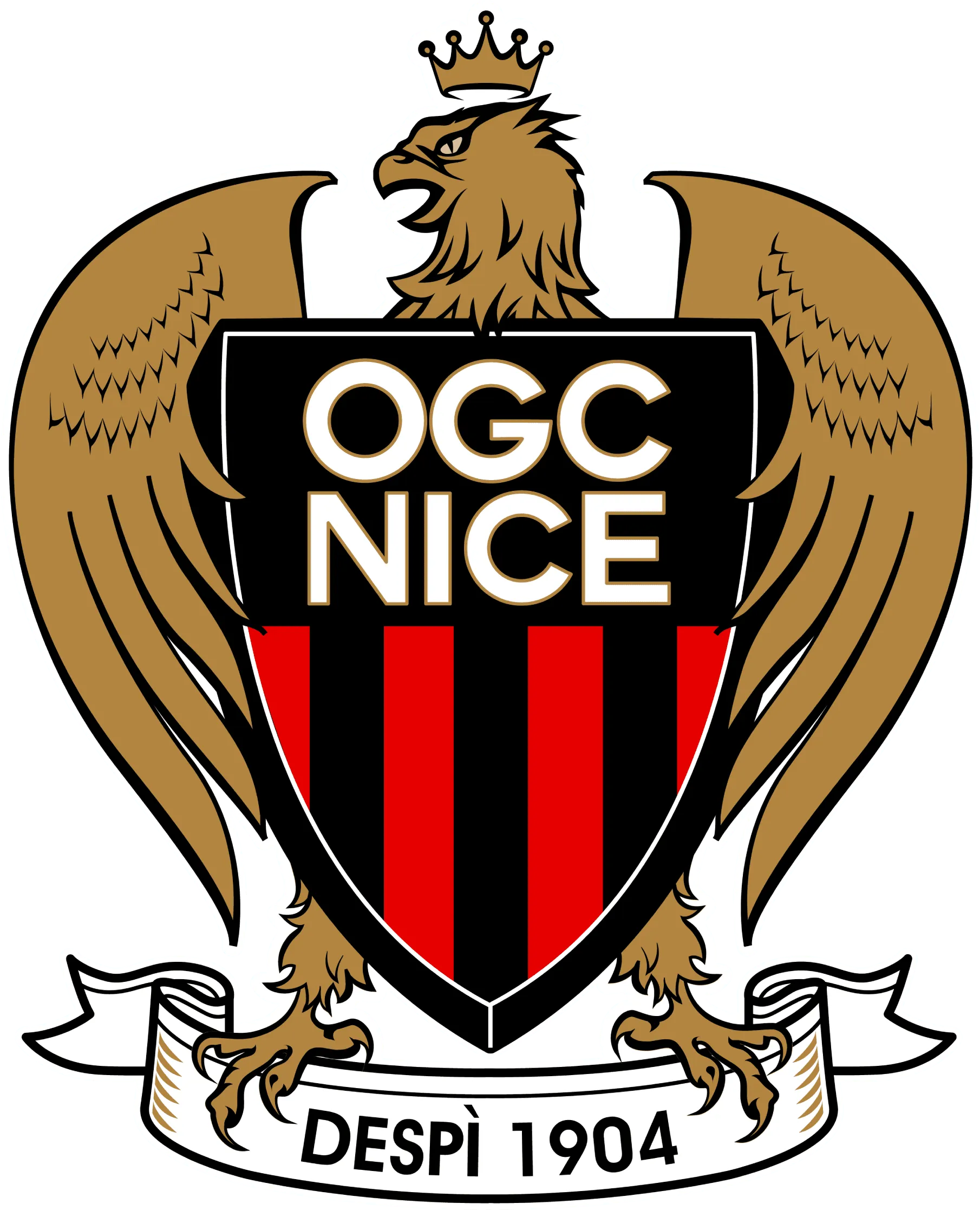 Blason de l'OGC Nice avec un aigle couronné, des rayures rouges et noires, et la mention "DESPI 1904"