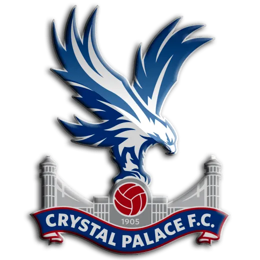 Un aigle stylisé aux couleurs bleu et blanc survole un bâtiment avec un ballon de football au centre, surmonté d'une bannière indiquant "Crystal Palace F.C. 1905"