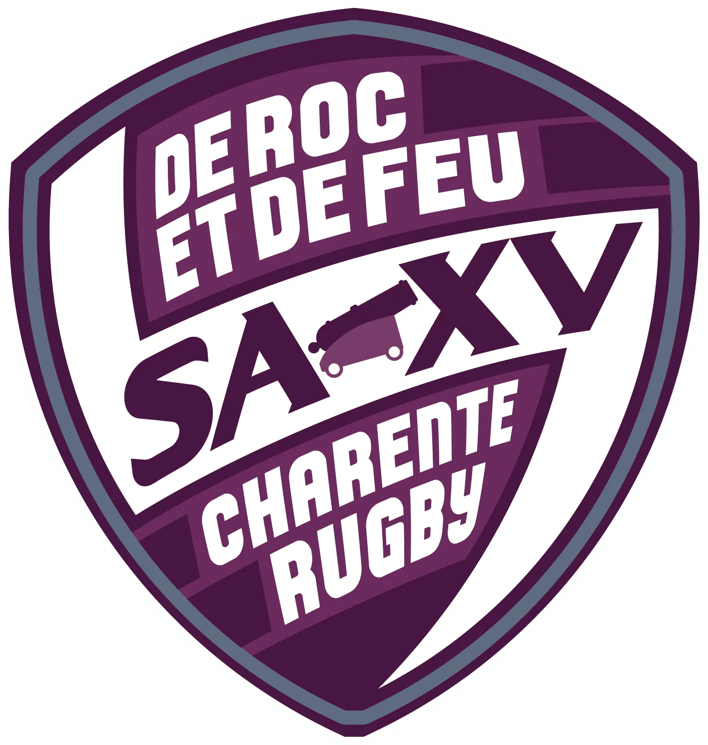 Logo du club de rugby SA XV Charente avec les mots "De Roc et de Feu"