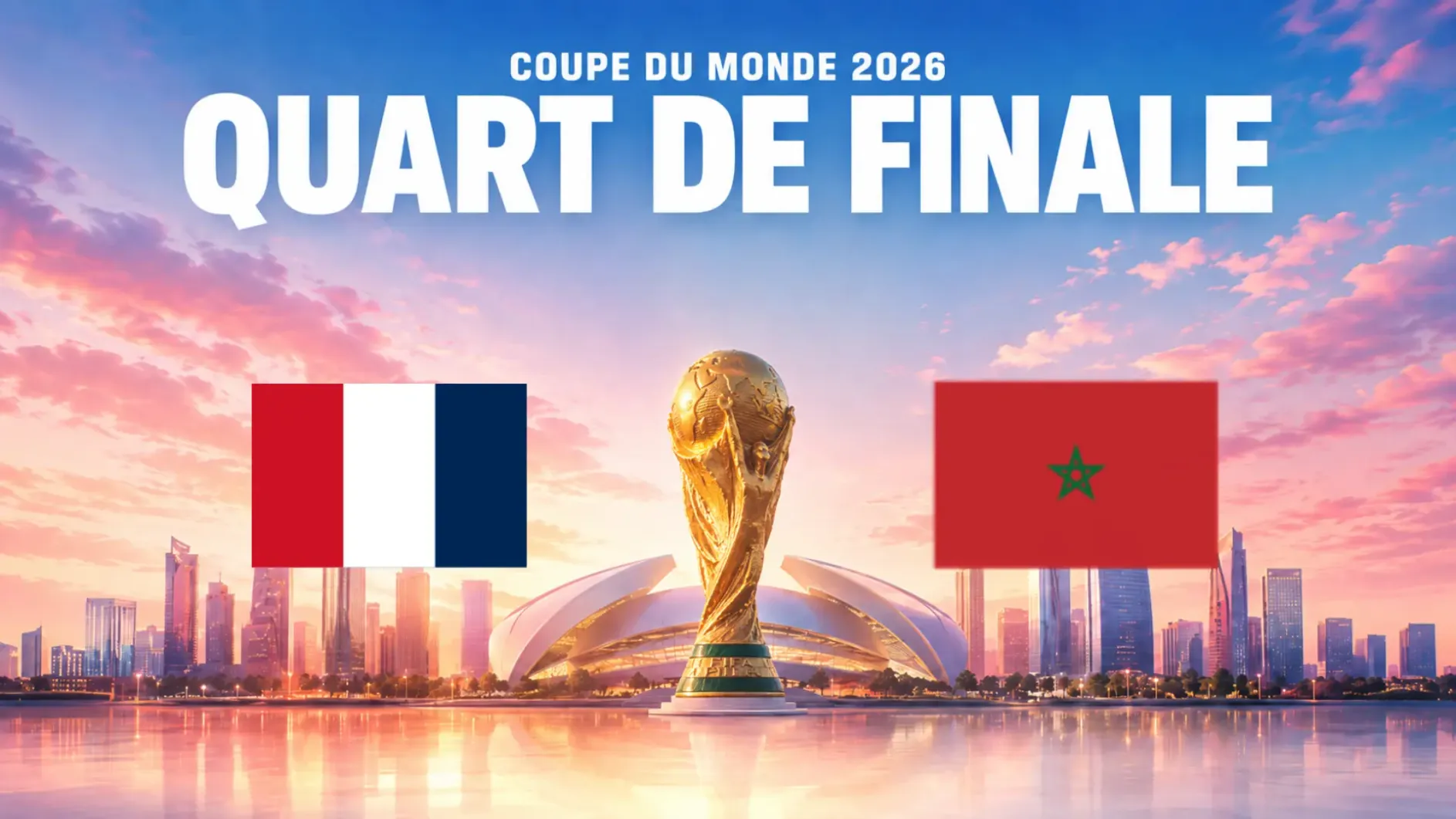 Deux drapeaux, l'un du Pérou et l'autre du Maroc, encadrent la coupe du monde devant un stade et un coucher de soleil