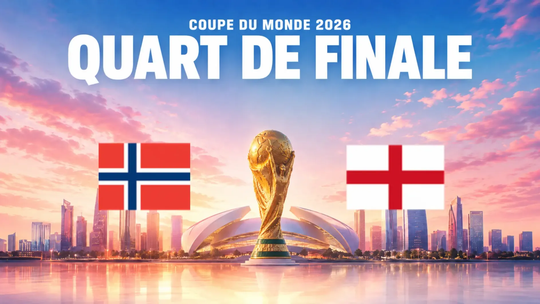 Coupe du Monde 2026 quart de finale avec les drapeaux de la Norvège et de l'Angleterre devant un stade et un trophée